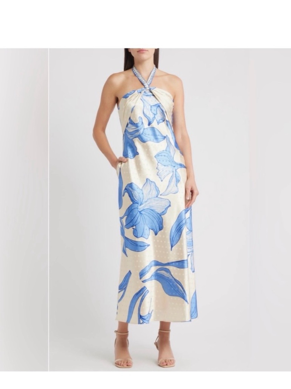 Cream Halter Dress with Blue Floral Print — Elegant Summer Maxi/Midi